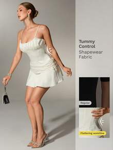 女士褶皱腰身褶皱下摆性感法式优雅吊带连衣裙 - 米色 - 查看 10