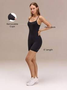 GLOWMODE 6英寸 FeatherFit™ Flex & Go 丝滑柔软塑形连体裤，2.0 背部镂空设计，可拆卸胸垫，适合瑜伽、普拉提、健身房训练、日常运动穿着 - 黑色 - 查看 3