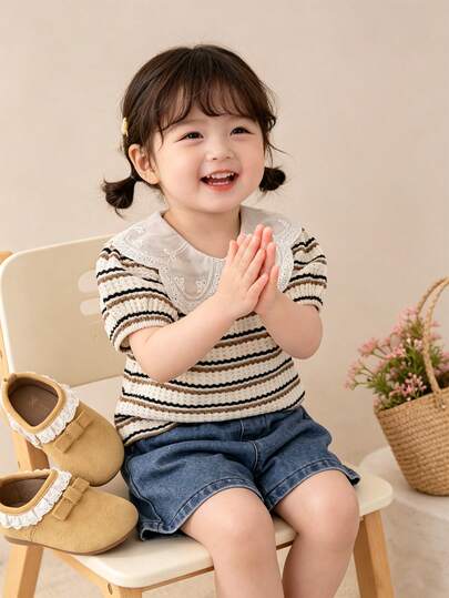 SHEIN Vintaside Kids Bộ áo thun tay phồng cổ Peter Pan bằng vải dệt kim màu kaki và quần short denim, trang phục mùa hè thời trang thường ngày cho bé gái, thích hợp mặc đi chơi và hoạt động ngoài trời.