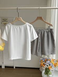 Comfortcana Ensemble 2 pièces femme grande taille, short rayé et Top à manches courtes décontracté - Multicolore - Voir 2