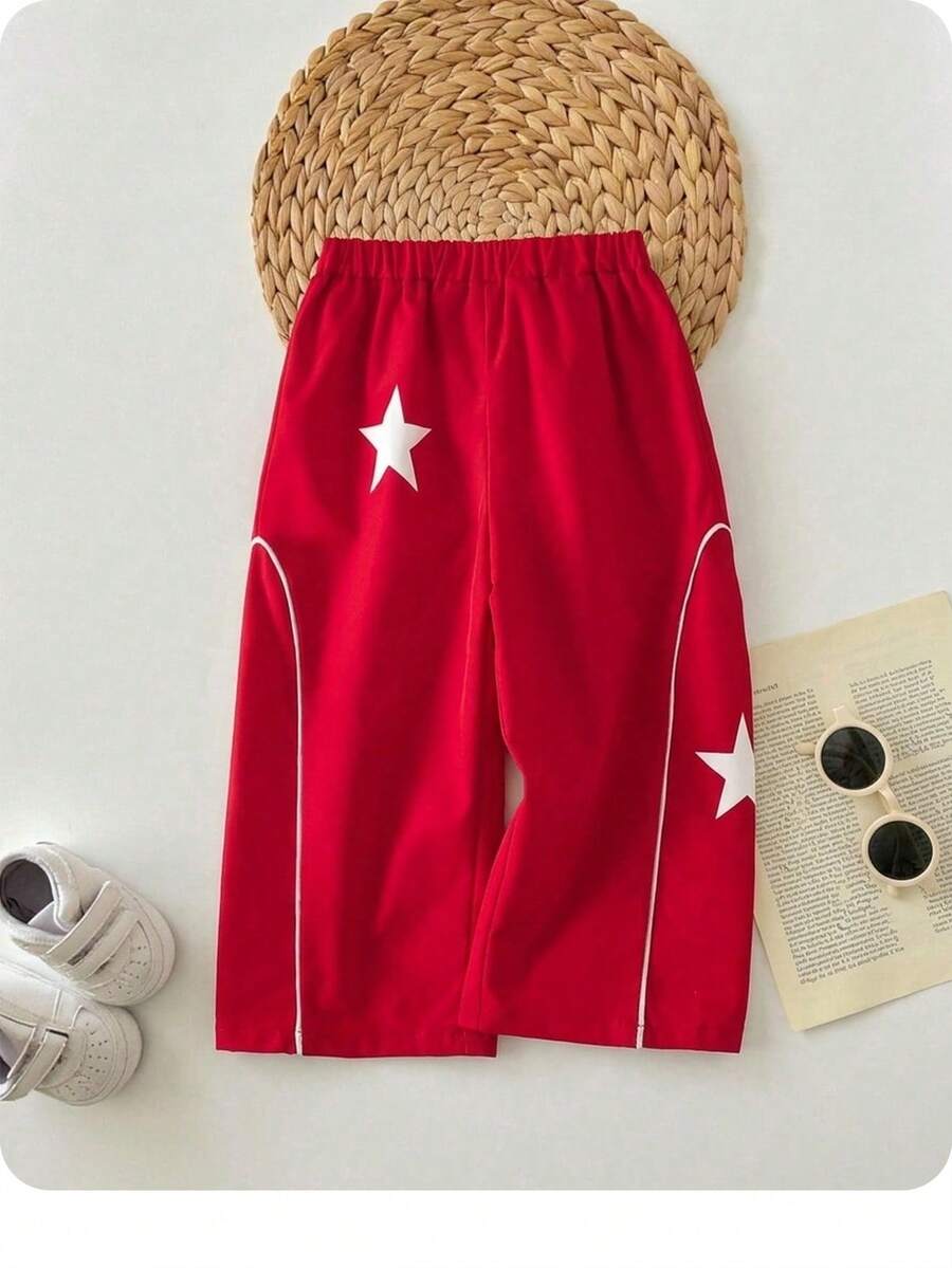 SHEIN Quần cạp chun in hình ngôi sao dễ thương cho bé gái, màu đỏ, đa năng, mùa thu/đông - Đỏ - Xem 1