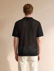 Manfinity CityGents 男士 Polo 領拼色短袖針織上衣，夏季休閒畢業黑白高爾夫上衣，中式領針織復古度假風 - 黑色 - 查看 4