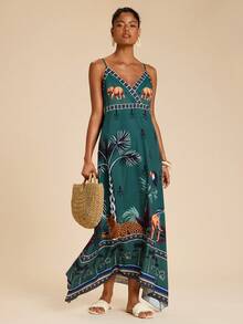 SHEIN TRVLCHIC Đầm không tay in hình voi và chim dành cho nữ, thích hợp cho kỳ nghỉ hè. - Nhiều màu - Xem 4