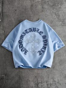 AXEPEAK 男士休闲宽松短袖T恤，白色，带印花水钻手工标签，夏季 - 天藍色 - 查看 2