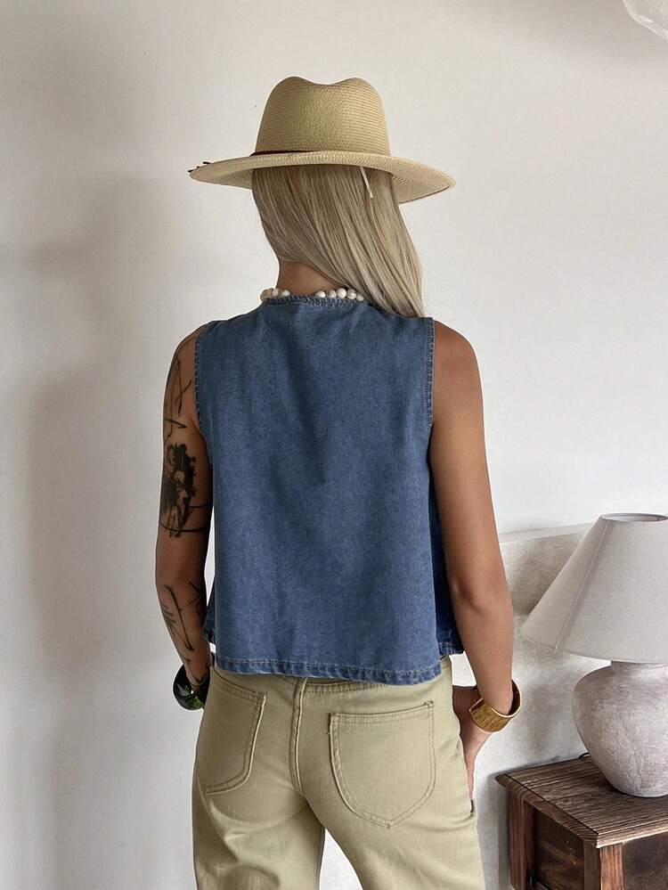 Casual Vacation Style Bow Tie Strap Women Denim Blouse, Spring & Summer