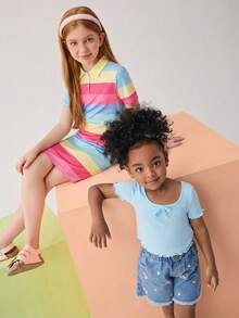 SHEIN Vestido de punto ajustado con cuello polo informal para niñas preadolescentes en primavera/verano - Multicolor - Ver 8