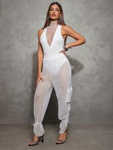 Hauture Sleeveless Rhinestone Mesh Insert Night Out Bodysuit - White - View 5