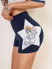TOM & JERRY X SHEIN 女士卡通印花休闲百搭日常穿搭修身短裤 - 藏蓝色 - 查看 4