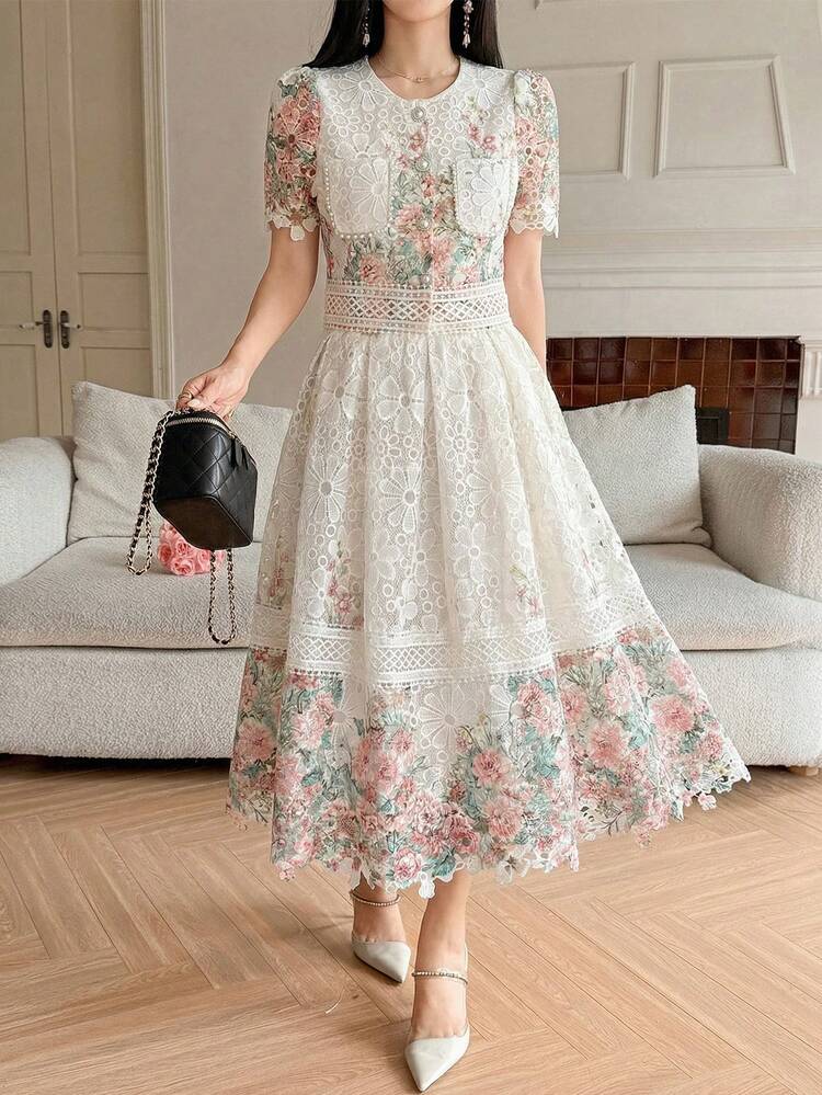 Women's Elegant Floral Print Contrast Lace Blouse And Skirt 2-Piece Set, Spring/Summer