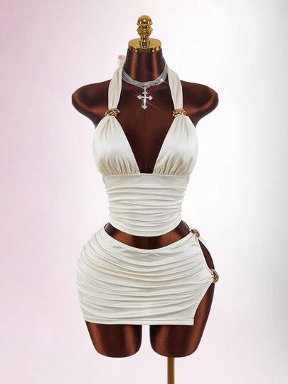 Amplova Women's Halter Metallic Green Shiny 2 Pieces Set With Hollow Hem, Sexy & Avant-Garde, Suitable For Vacation Outfit Vacation Outfits Women Holiday Outfits For Women