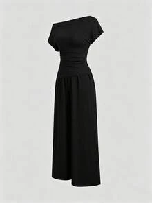 Sweetra Women's New Fashion Versatile Solid Color Asymmetrical Shoulder Cinched Waist Top + Long Pants 2 Pieces Set - Black - View 3