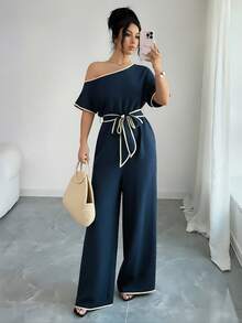 Rafferiza Casual Vacation Loose Shoulder Textured Soft Elastic Waist Comfortable Slimming Wide Leg Pants, Khaki, Spring/Summer - Navy Blue - View 4