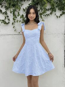 SHEIN Vestido casual minimalista y cómodo con lazo en la cintura para adolescentes - Azul - Ver 5