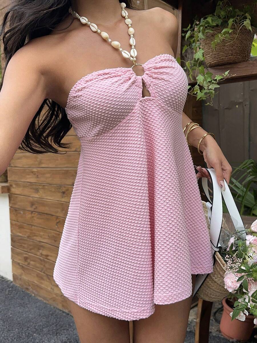 Sunnyshic Women's Textured Fabric Halter Backless Bodysuit, Fashionable Summer - Baby Pink - View 1