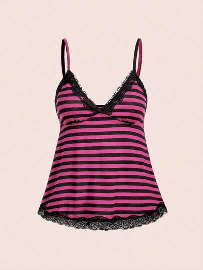 ROMWE Kawaii Y2K V-Neck Striped Contrast Color Lace Camisole T-Shirt, Sexy Punk Style Summer Clothing