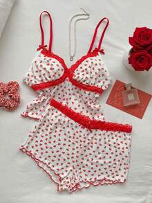 Comfortcana 浪漫心形印花蕾丝边修身女士睡衣套装 - 白色 - 查看 8