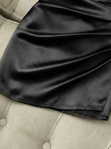 Franclia Đầm dự tiệc satin không dây, xếp ly eo, dáng ôm bất đối xứng thời trang dành cho nữ, đầm satin, đầm xuân/hè, đầm dự tiệc thanh lịch, đầm dự tiệc, trang phục ngày lễ, trang phục ngày Valentine, đầm màu nâu, đầm gợi cảm, đầm không tay - màu đen - Xem 5