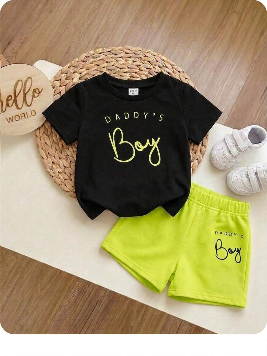 SHEIN 2入組寶寶男童休閒時尚字母圖案t恤和短褲 - 黃色 - 查看 1
