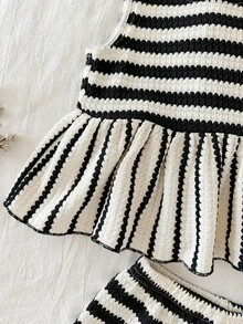 2件套女婴/幼儿休闲可爱黑白条纹荷叶边下摆无袖上衣和短裤套装，夏季服装 - 黑與白 - 查看 4