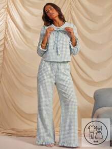 Aralina 两件套睡衣，纯色印花红色格纹领结长袖衬衫搭配阔腿裤，带荷叶边细节，可爱圣诞睡衣套装 - 淺藍色 - 查看 1