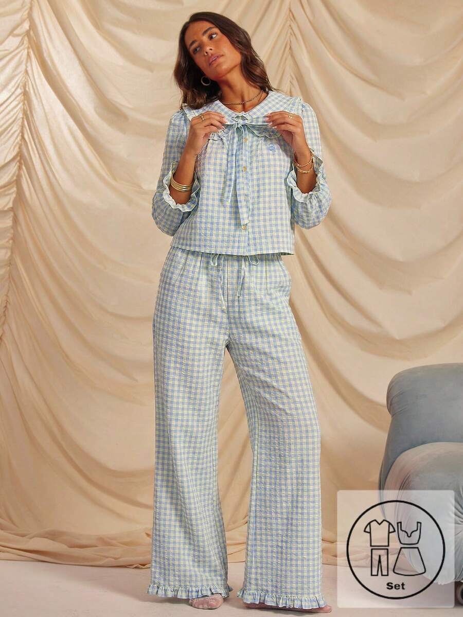 Aralina 两件套睡衣，纯色印花红色格纹领结长袖衬衫搭配阔腿裤，带荷叶边细节，可爱圣诞睡衣套装 - 淺藍色 - 查看 1
