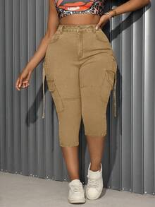 Slaydiva Celana Jeans Skinny Wanita Ukuran Besar Warna Biru Elastis Gaya Vintage dengan Kantong - Khaki - View 3