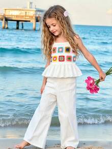 Elladie kids 2件套女童休闲度假3D立体花卉钩编蕾丝边吊带背心+松紧腰宽松阔腿裤套装，夏季度假优雅可爱通勤装 - 白色 - 查看 7
