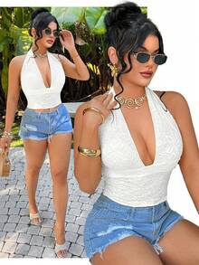 SHEIN SXY 纯色露背吊带性感吊带背心，适合海滩度假 - 白色 - 查看 6