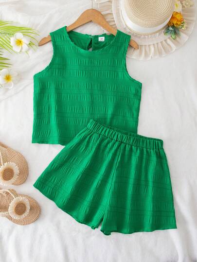 SHEIN Tween Girls Casual Solid Color Tank Top Set