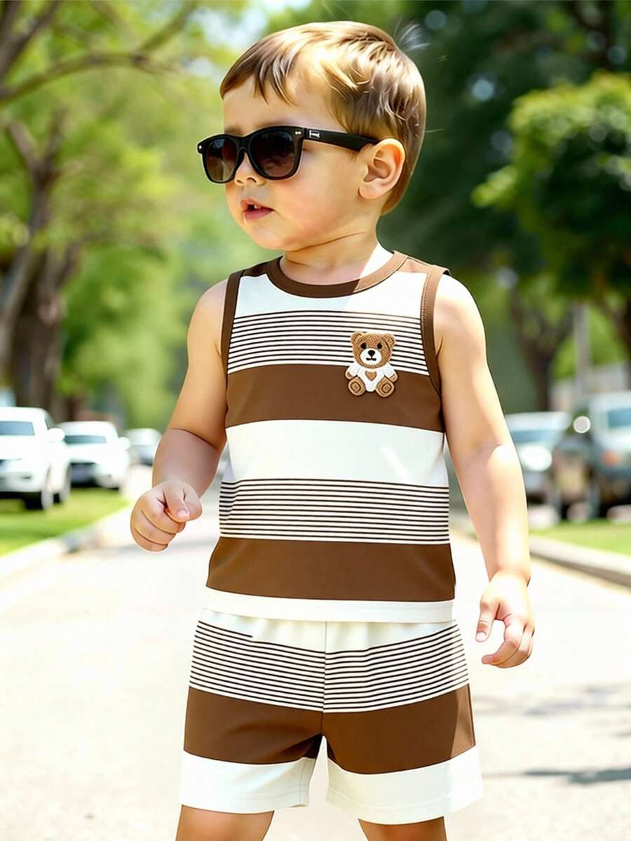 Souflis Souflis 2pcs/Set Baby Boy Casual Cute Blue And White Striped Bear Print Vest Top And Shorts Set, Suitable For Outdoor Wear In Summer Beach - Multicolor - View 1