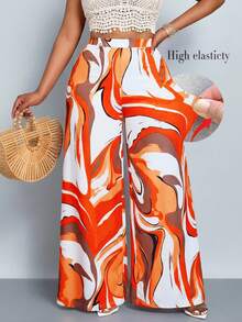 SOLERSUN Plus Size Women's Fashionable Liquid Ripple Art Pattern Wide Leg Pants,White Summer Boho Beach Holiday,Casual Loose High Elasticity Seaside Vacation - Orange - View 1