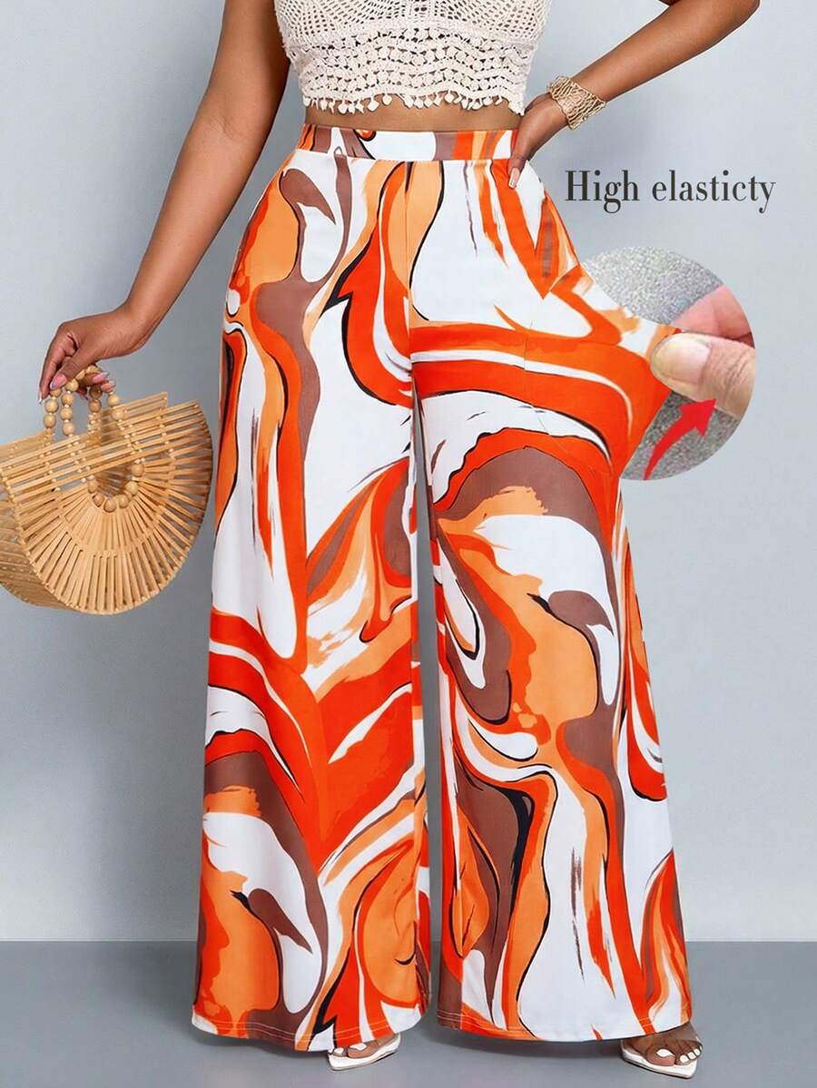 SOLERSUN Plus Size Women's Fashionable Liquid Ripple Art Pattern Wide Leg Pants,White Summer Boho Beach Holiday,Casual Loose High Elasticity Seaside Vacation - Orange - View 1