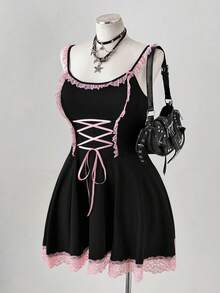 Sunspun Plus Size Spaghetti Strap Floral Trim A-Line Dress - Black - View 7