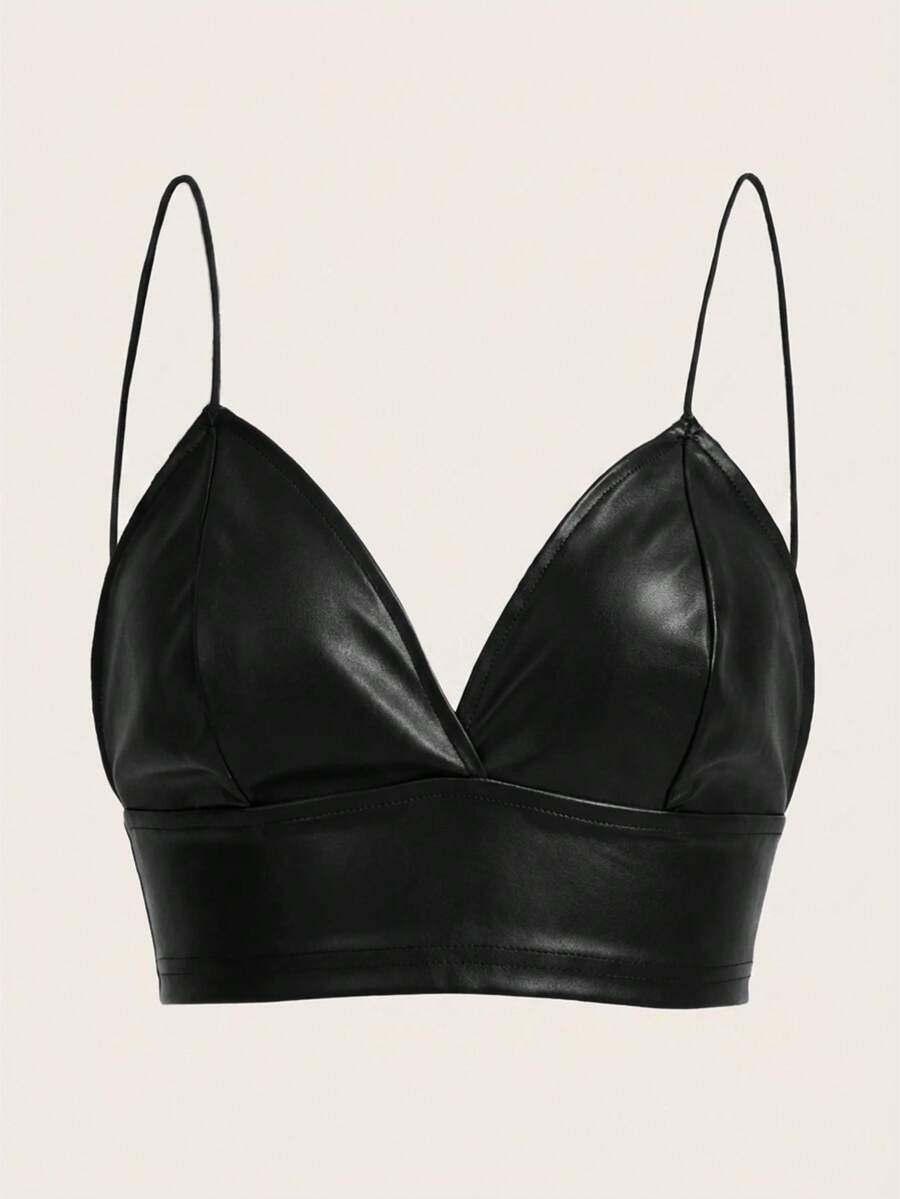 SHEIN ICON Pu皮革短款吊帶修身上衣 - 黑色 - 查看 1