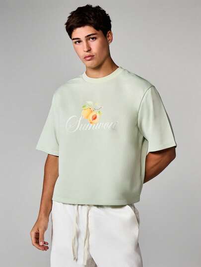 SUMWON Summer Peach Graphic Oversized Short Sleeve Crew Neck Casual Streetwear T Shirt With Script Text Print