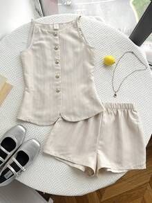 SHEIN Bộ đồ thường ngày thoải mái cho bé gái tuổi teen: áo cổ tròn không tay và quần short. - Màu be - Xem 3