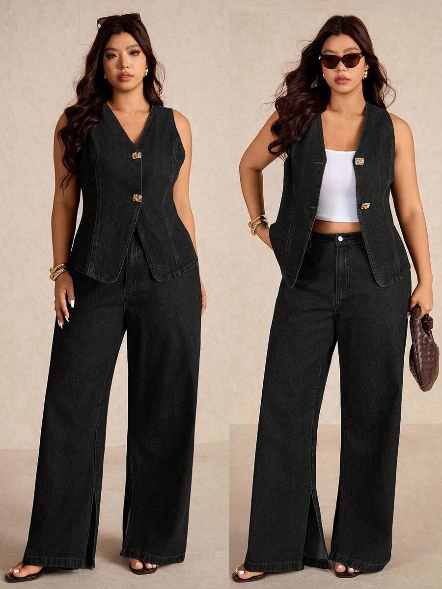 Elaquor 大码夏季休闲单排扣牛仔背心和牛仔裤两件套 - 黑色 - 查看 1