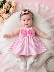 SHEIN Cute Summer Light Pink & White Striped Sleeveless Strappy Dress For Newborn Girls Decorated With 3D Bow A-Line Flared Birthday Skirt 0-9 Years Old - Pink - View 3