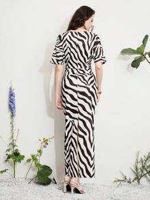 Aveloria Modichic Elegant High-End Black And White Animal Print Zebra Maxi Dress For Women,Summer Chic Holiday Tea Party Vacation,Loose Fit Flutter Sleeve Pleated - Multicolor - View 2