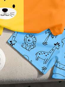 SHEIN Playful Pals Baby Boy Casual Cute Cartoon Animal Print Patchwork Contrast Color Crew Neck T-Shirt And Matching All-Over Animal Print Shorts Set, Suitable For Summer, Korean Style Zoo Tiger Expression Shark Silhouette Contrast Orange And Yellow Cute Patchwork Color Block Design - Multicolor - View 3