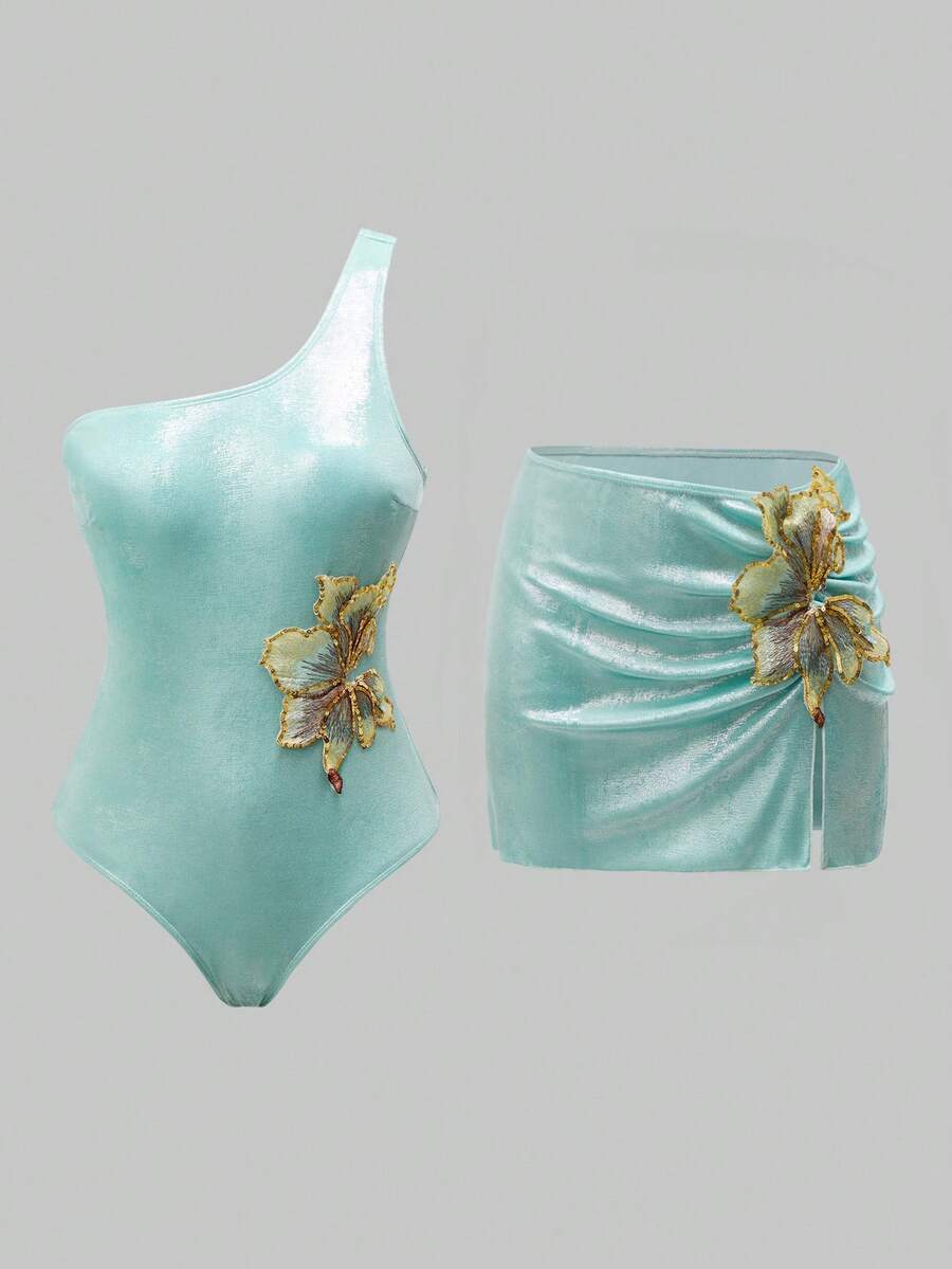 Swim Oasis Conjunto de traje de baño de una pieza con escote halter y falda para vacaciones en la playa de mujer - Azul - Ver 1