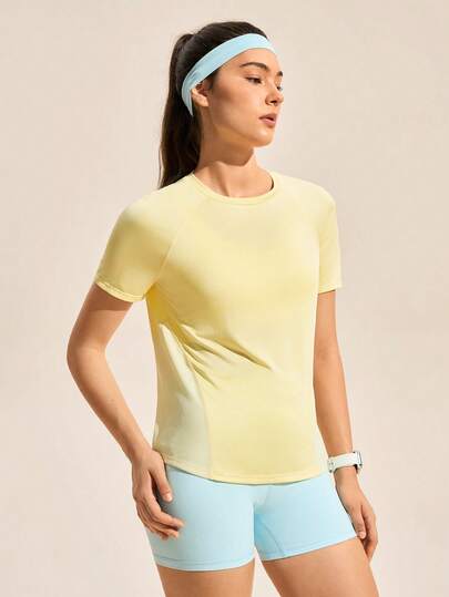 Exploreva Women's New Casual Sports Mesh Patchwork Yellow Short Sleeve Outdoor T-Shirt