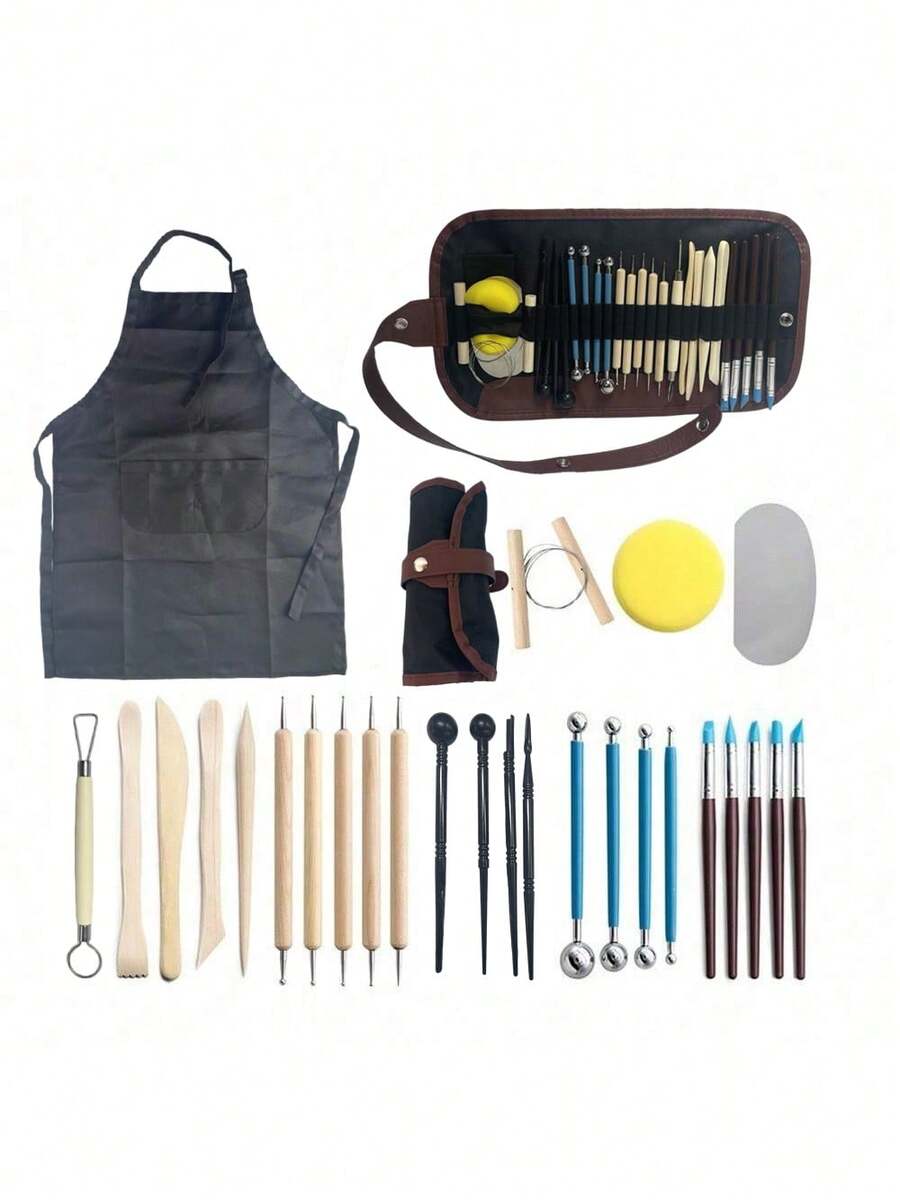 Bộ dụng cụ làm gốm sứ 28 món: 1 tạp dề làm gốm, tạp dề 2 túi đựng dụng cụ, 1 túi đựng, 1 dao cắt đất sét, 1 dụng cụ cạo bằng thép không gỉ, 1 miếng bọt biển đánh bóng, 1 dao nặn, 4 dụng cụ chạm khắc bằng gỗ, 5 dụng cụ chấm, 4 que nặn đất sét, 4 que nặn bi đất sét tự làm, 5 dụng cụ nặn silicon, vật tư nặn tượng hoạt hình. - bộ dụng cụ làm gốm 28 món - Xem 1