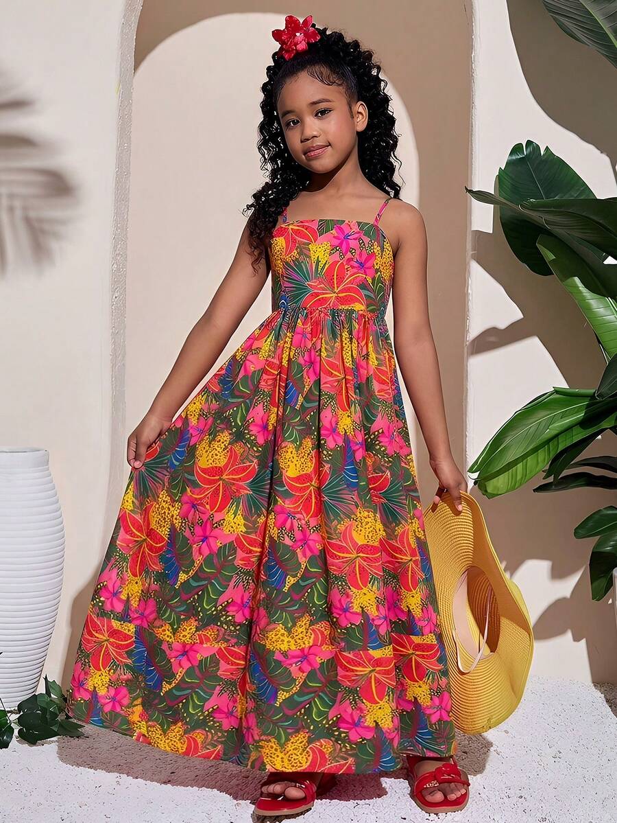 SHEIN Đầm chữ A hai dây in họa tiết cây nhiệt đới mùa hè cho bé gái tuổi teen - Nhiều màu - Xem 1