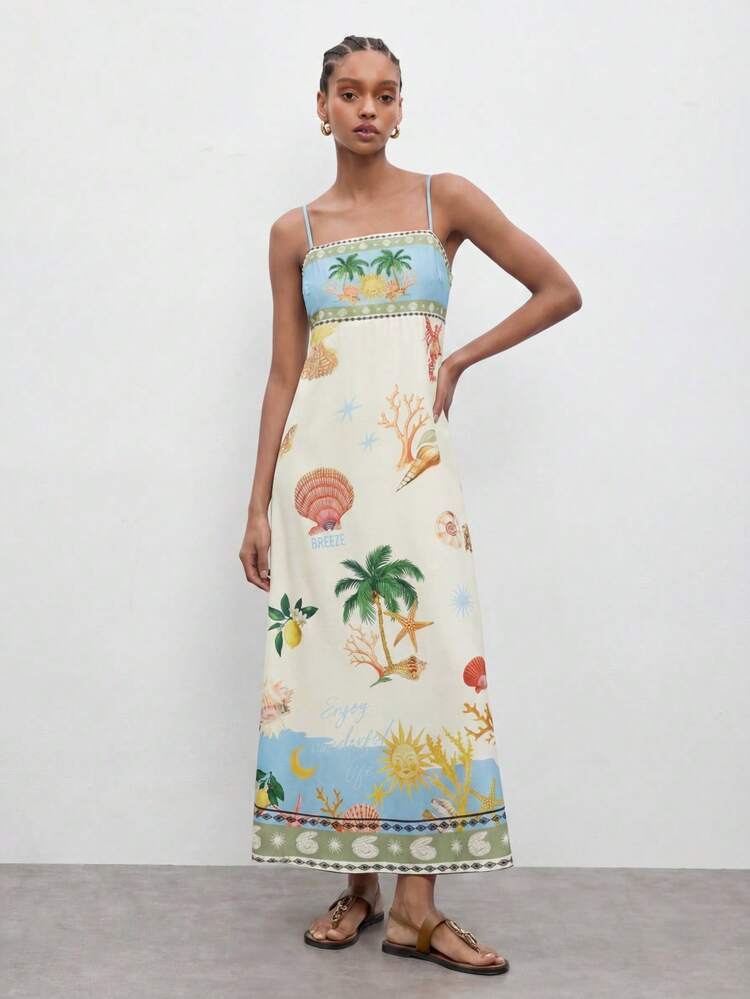 SHEIN Maija Women's Long Strap Dress With Placement Print Of Ocean Elements, Spring/Summer, Summer Dresses, Summer Clothes, Summer Outfits, Spring Outfit , Spring Dress Women , Festival Dresses , Elegant Party Dresses, Beach Dresses , Beach Outfit For Women ,Beach , Casual Dresses For Women , Casual Women's Dresses, Holiday Outfits For Women, Vacation Outfits For Women, Holiday,Summer Dresses For Women
