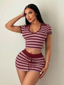 SHEIN SXY 休闲条纹性感翻领短裤套装 - 彩色 - 查看 3