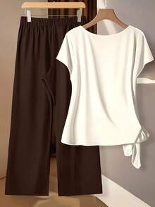 Bộ đồ mùa hè cỡ lớn, màu trơn, có dây rút, gồm áo và quần. - màu nâu - Xem 2