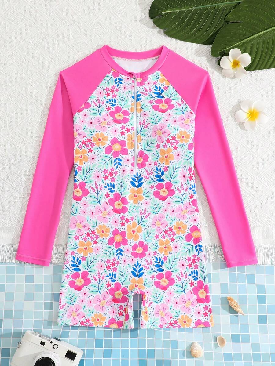 SHEIN Tween Girls One-Piece Swimsuit,White,Summer,Cute,Pool Party,Vacation,Holiday Tropical Floral Print Long Sleeve Sun Protection Zipper Design Jumpsuit - Multicolor - View 1