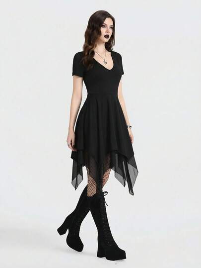 Breakform 女士哥特式V领修身短袖连衣裙，黑色连衣裙，针织面料网纱拼接下摆连衣裙，短袖连衣裙，不对称下摆连衣裙