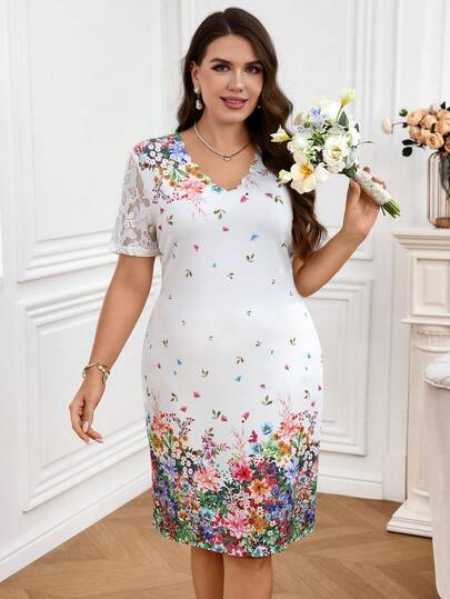 EMERY ROSE 大码女士优雅短袖蕾丝拼接连衣裙，夏季